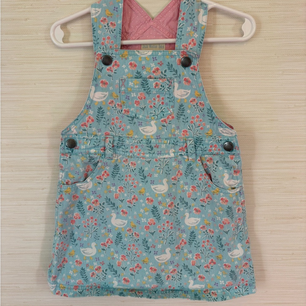 JoJo Maman Bebe Blue Floral & Swan Print Pinafore Dress